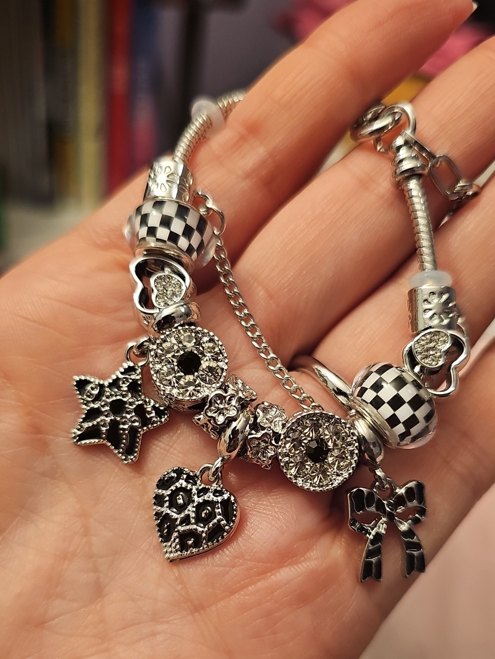 Silver-Tone Black & White Charm Bracelet with Heart, Star & Bow